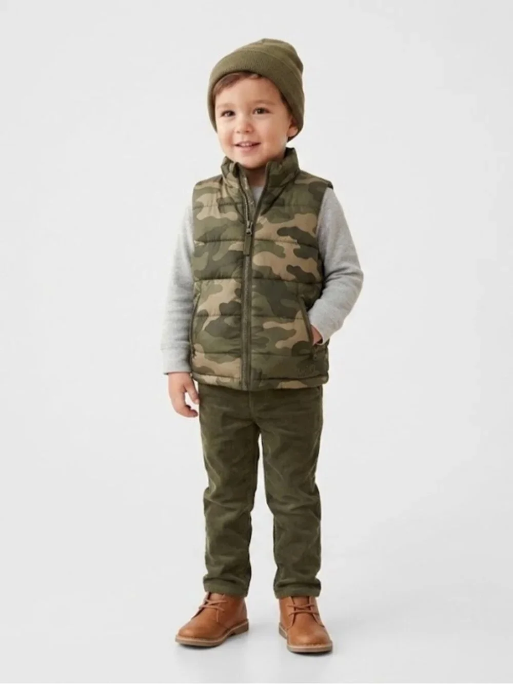 Baby Gap Toddler Reversible Camo Puffer Vest Brown Tan Zip Pockets boy size 2t